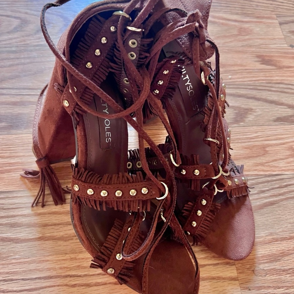 Brown Lace Up Fringe Sandal Heels